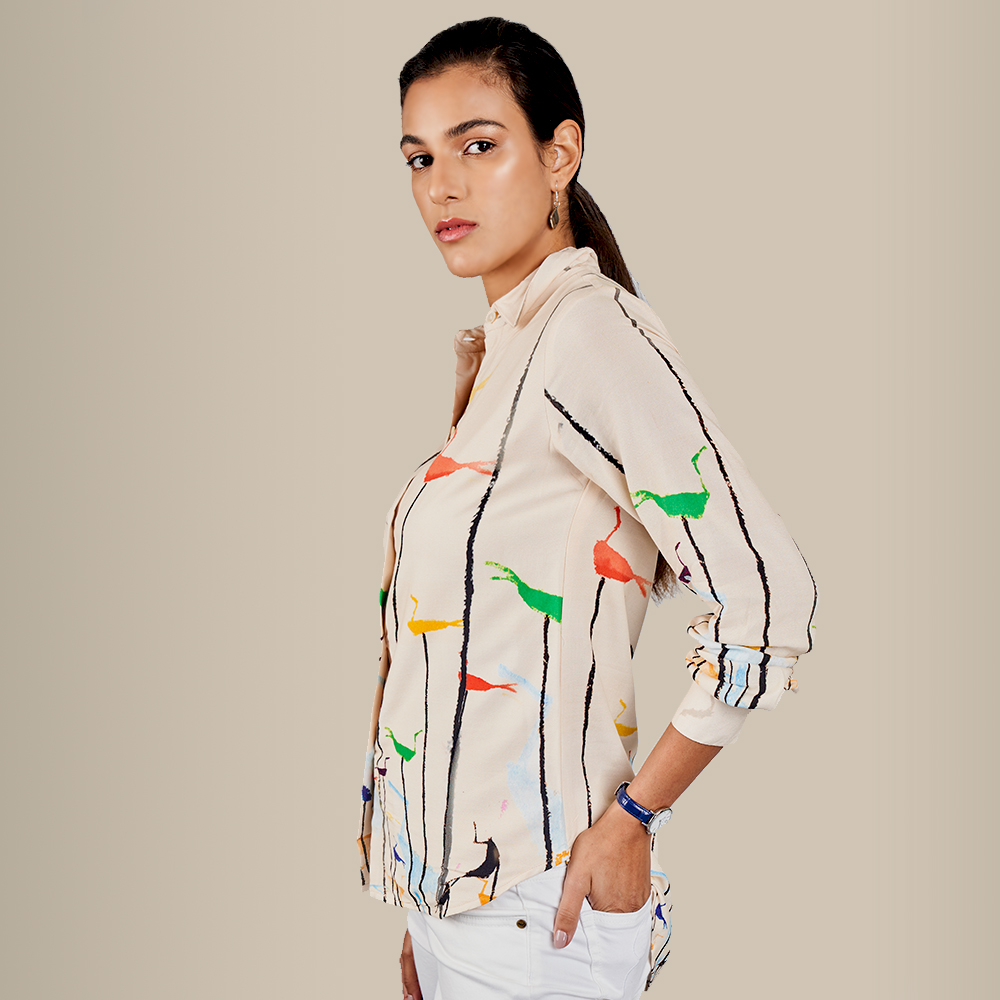 Camicia Manica Lunga Uccelli Colorati